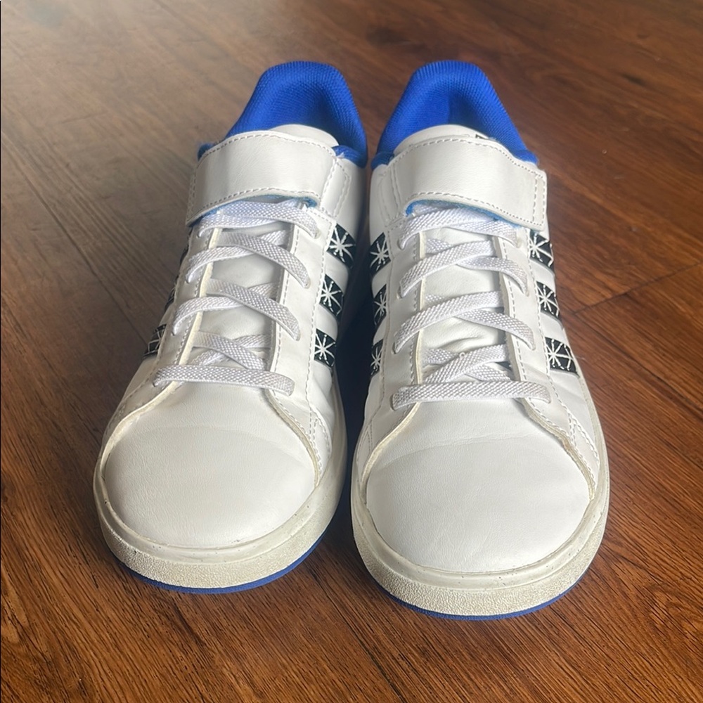 adidas White Sneakers with Blue Lining and Black Stripes
